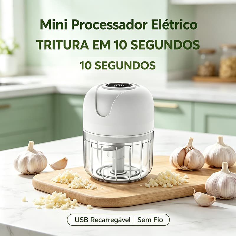 Mini Processador Elétrico Sem Fio, Triturador de Alho USB Recarregável, Pica Temperos Alimentos em 10 Segundos para Cozi