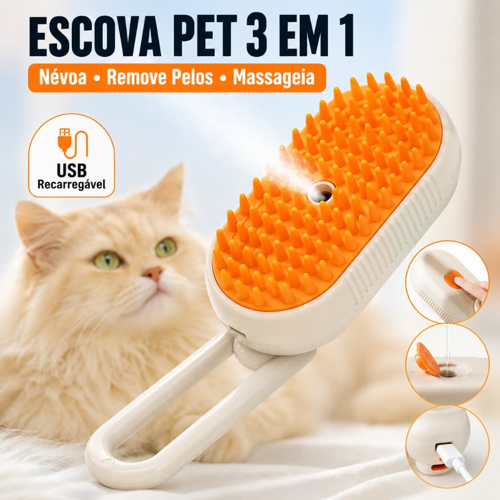 【Leve 2 pagando 1】Escova Pet a Vapor 3 em 1 Tira Pelos, Desembaraça e Massageia, Recarregável USB para Cães e Gatos