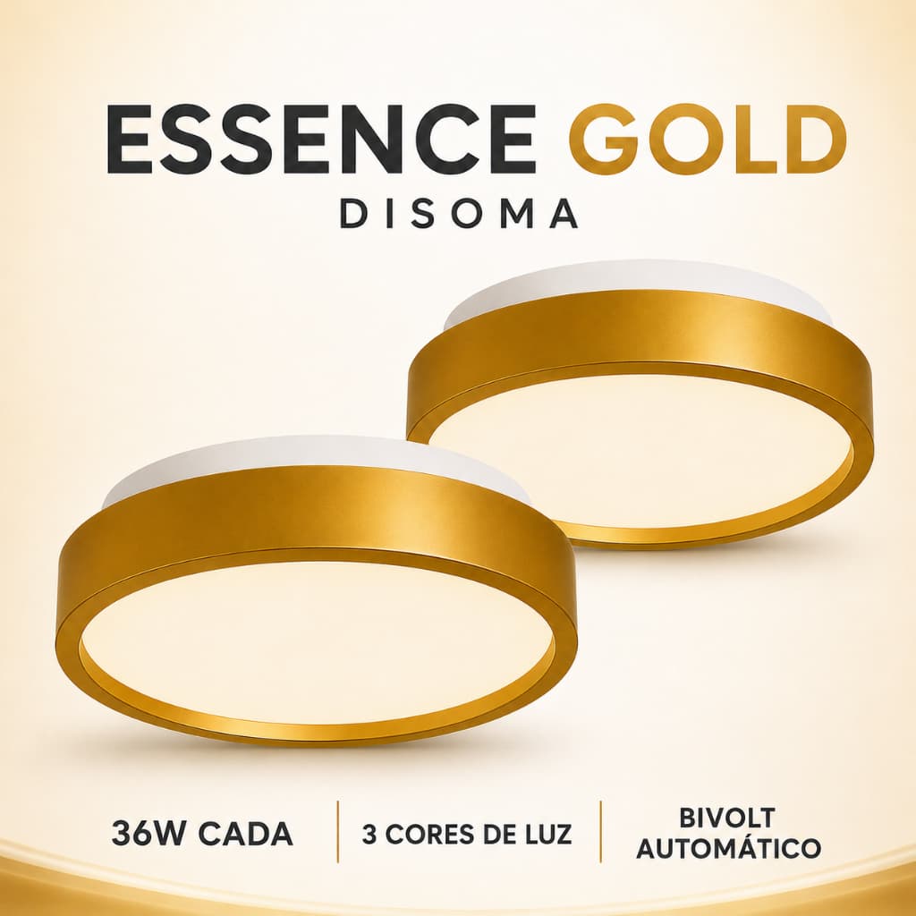 KIT 2 Plafon Luminária Essence Redondo GOLD Dourado LED 36W Multicolor 3 em 1 Bivolt 34 cm Bivolt
