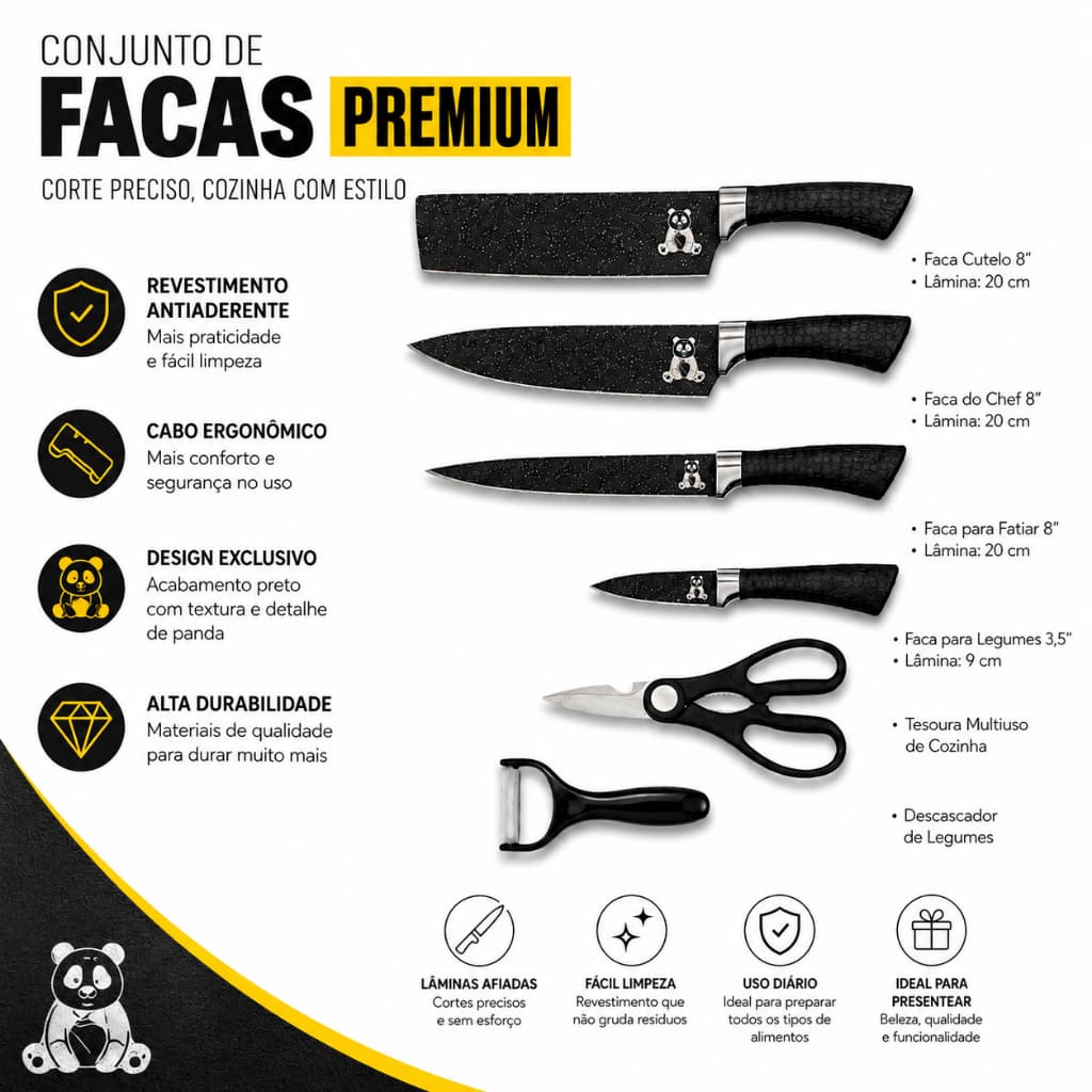 Kit Cozinha 6 Peças Facas Premium Cutelo Faca do Chef Faca para Legumes Tesoura Descascador