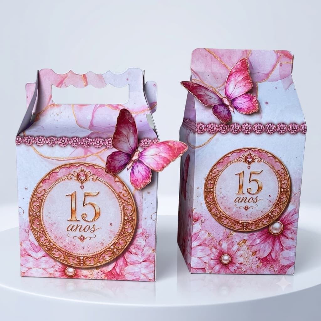 Caixa Milk Personalizada 15 Anos Luxo Rosa com Borboletas | Lembrancinha Festa Debutante Pegue e Monte