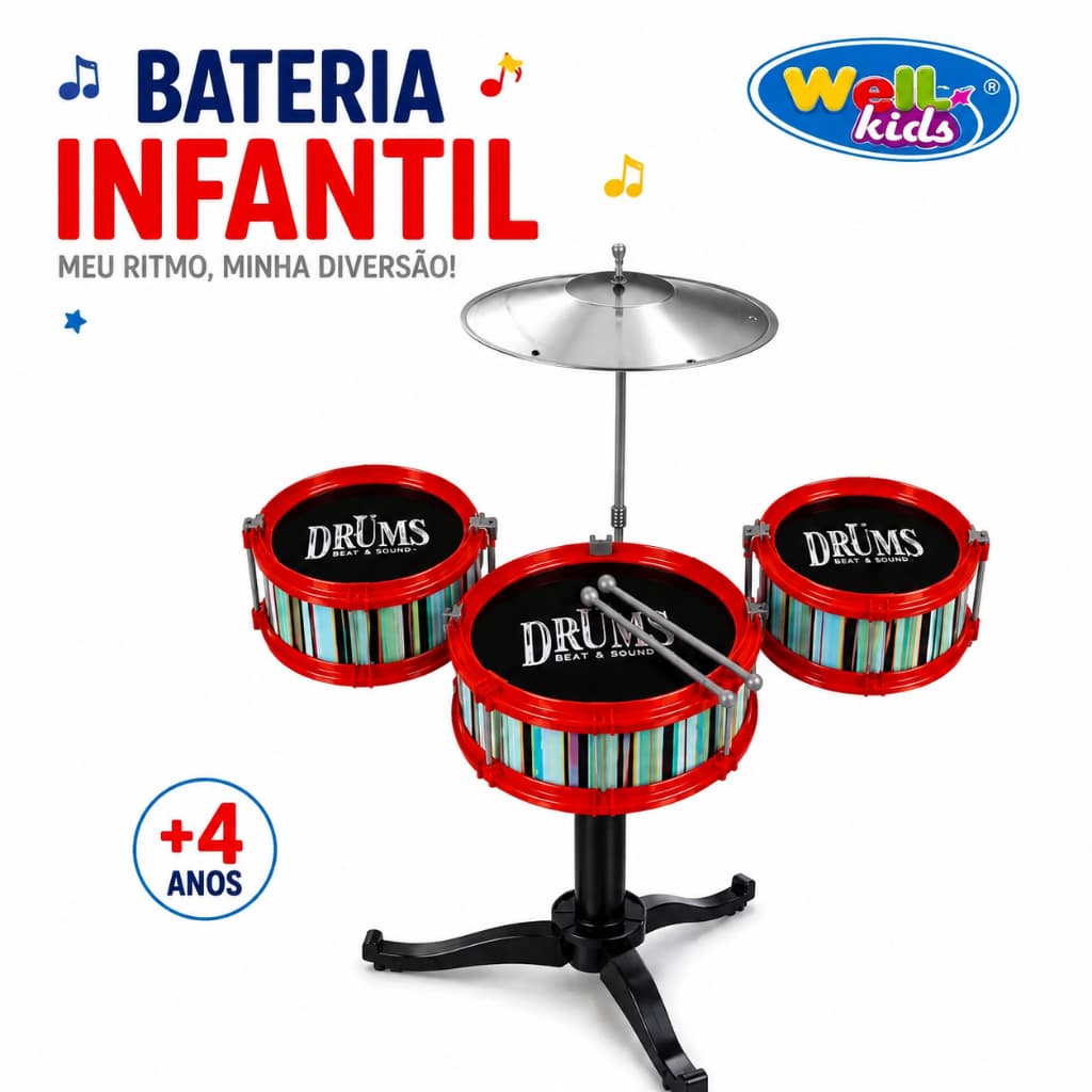 Bateria Musical Infantil Com Baqueta Brinquedo Menino Menina - Envio Imediato!