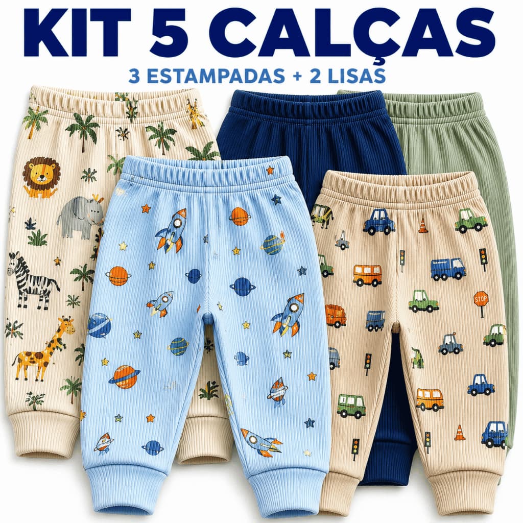 Kit 5 Mijão Bebê Menino Culote 100% Algodão Malha Canelada Calça Bebê Enxoval RN P M G Recem Nascido Inverno Verão