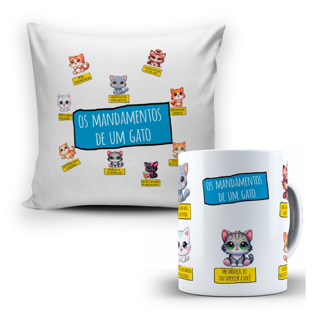 Kit Almofada + Caneca Mandamentos de Um Gato
