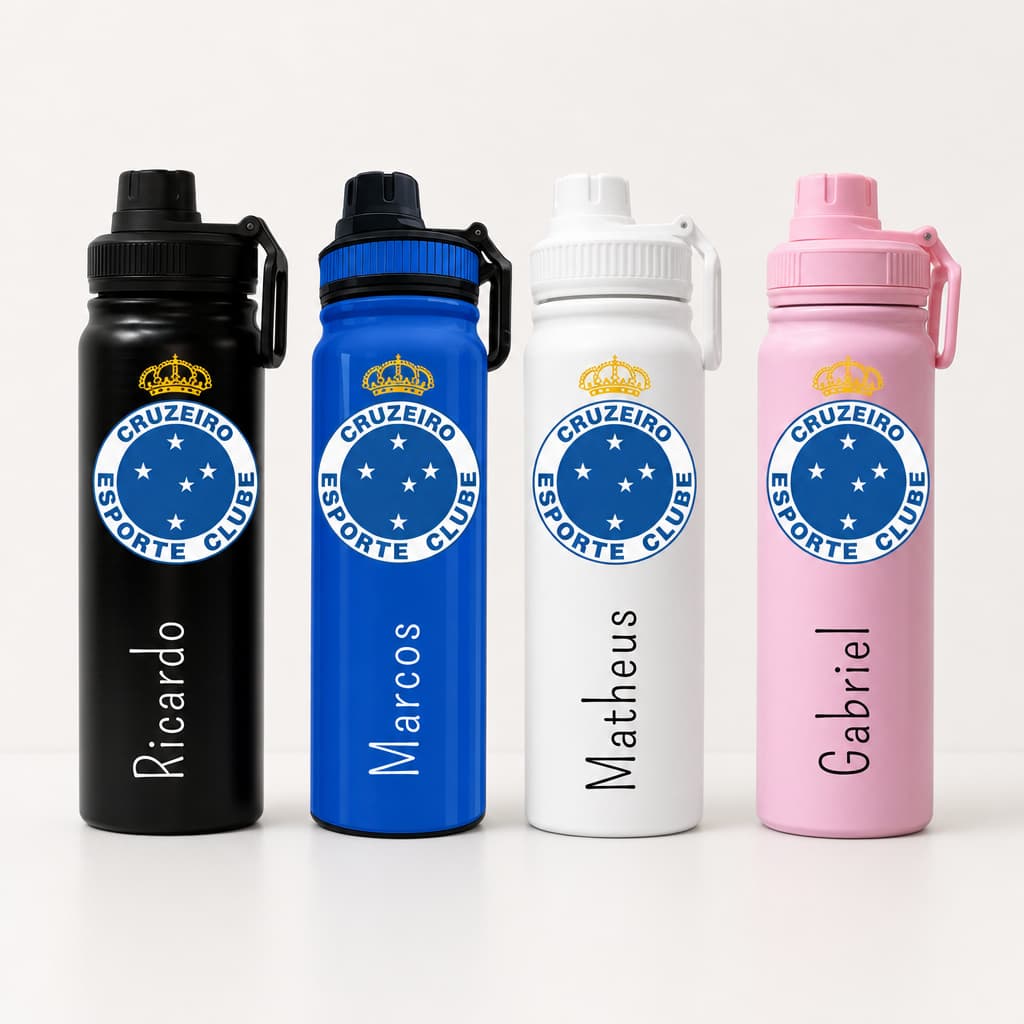 Garrafa Térmica Inox 800ml Personalizada Cruzeiro – Nome + Escudo | Presente Dia dos Pais - Torcedor