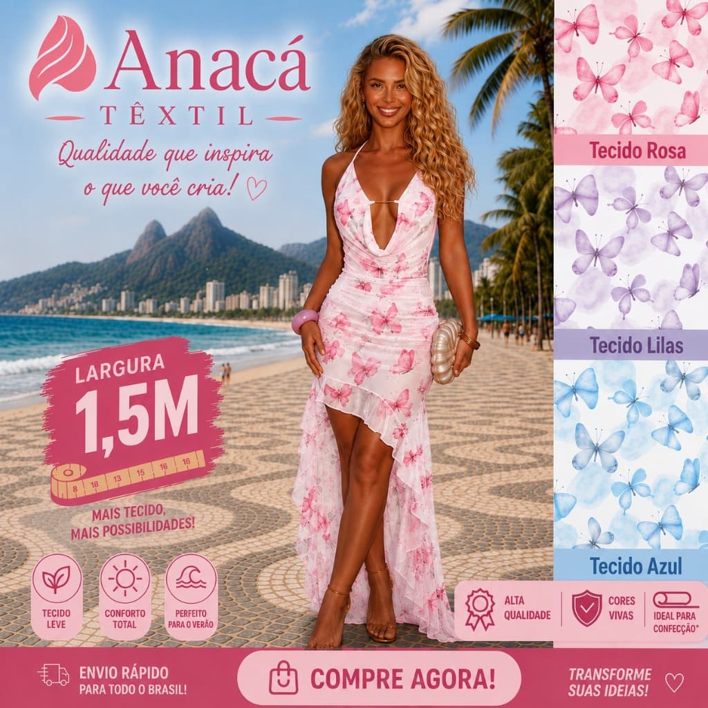 TECIDO CREPINHO BORBOLETAS 4 PARA CONFECÇÃO DE VESTIDOS, SAIAS, BLUSAS, ETC