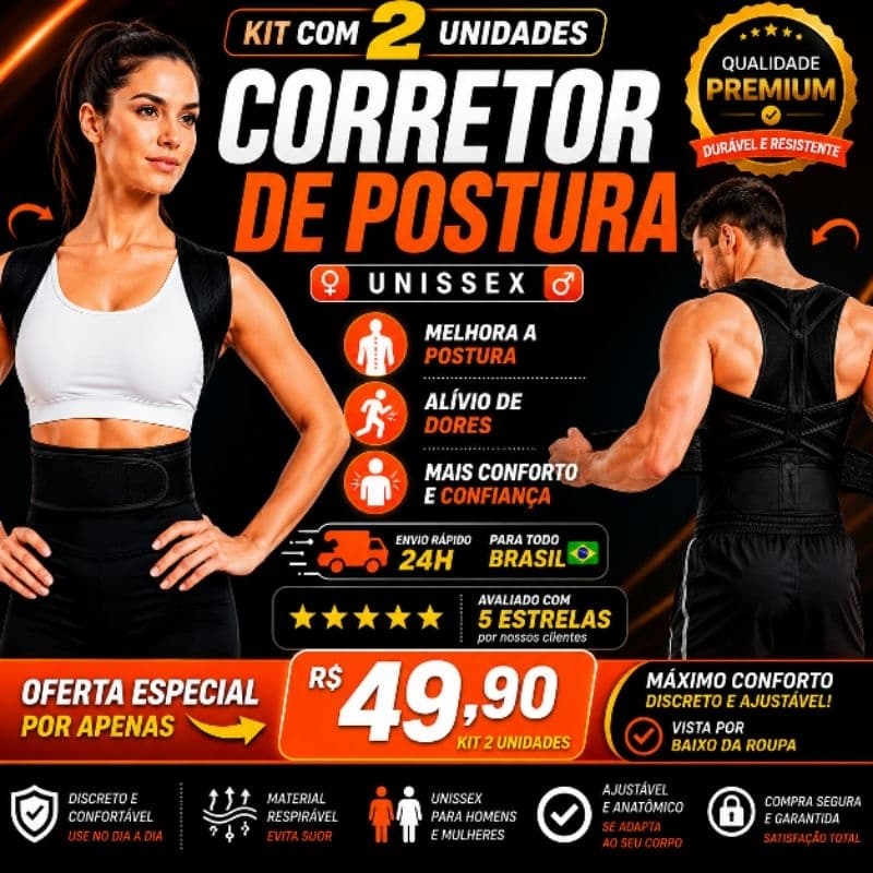 💪Kit 2 Corretores de Postura Ortopédico Ajustável Unissex – Cinta Ergonômica para Coluna, Costas e Ombros💪