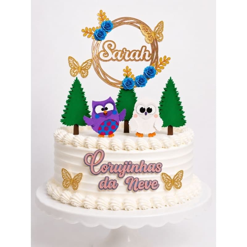 Topo de bolo personalizado coruja, decoração de bolo personalizado com nome e idade.
