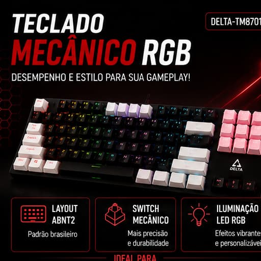 Teclado Mecânico Gamer Delta TM8701 RGB ABNT2 Switch Vermelho USB Anti Ghosting