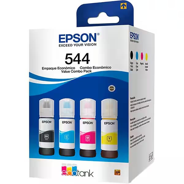 Kit Refil Tinta Epson EcoTank 544 Original 4 Cores Preto Ciano Magenta Amarelo Alto Rendimento
