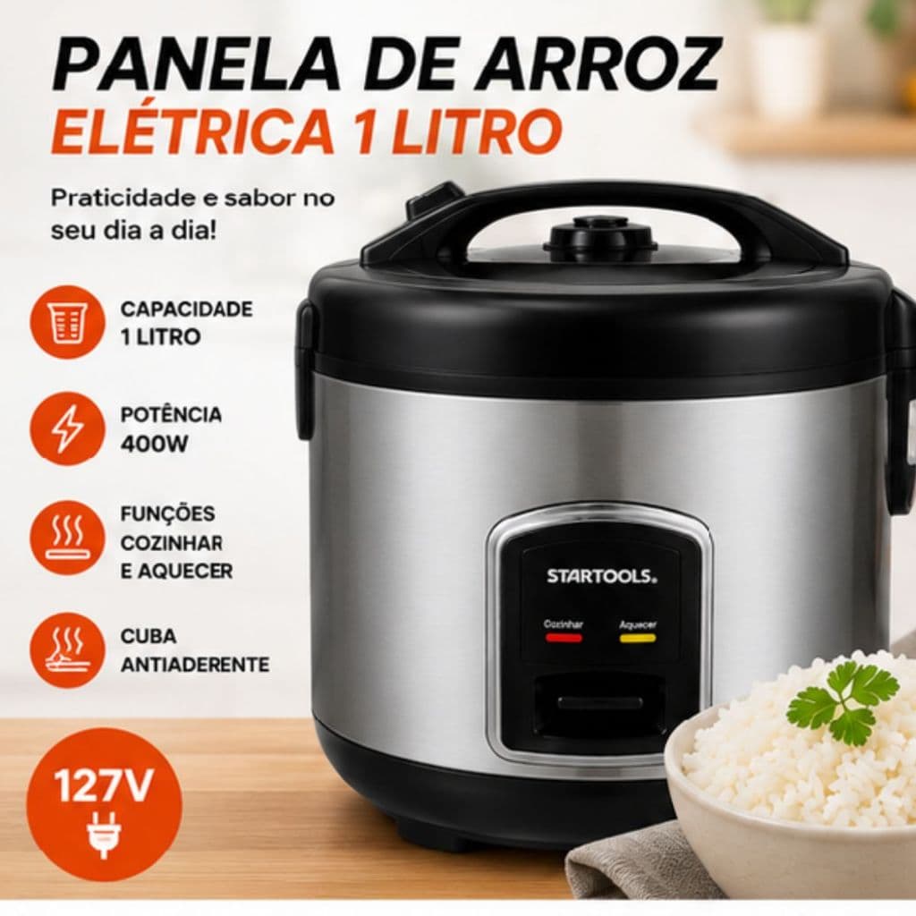 Panela de Arroz Elétrica 1 Litro 127V/220V Antiaderente Cozinha e Aquece com Vapor 400W Preta