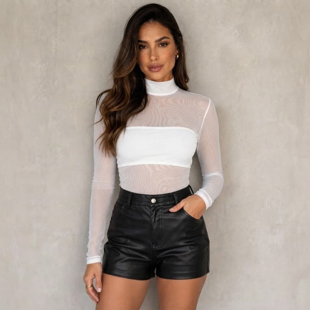 Blusa Feminina De Tule Manga Longa Elegante Transparente Segunda Pele Confortável Balada Fresquinho