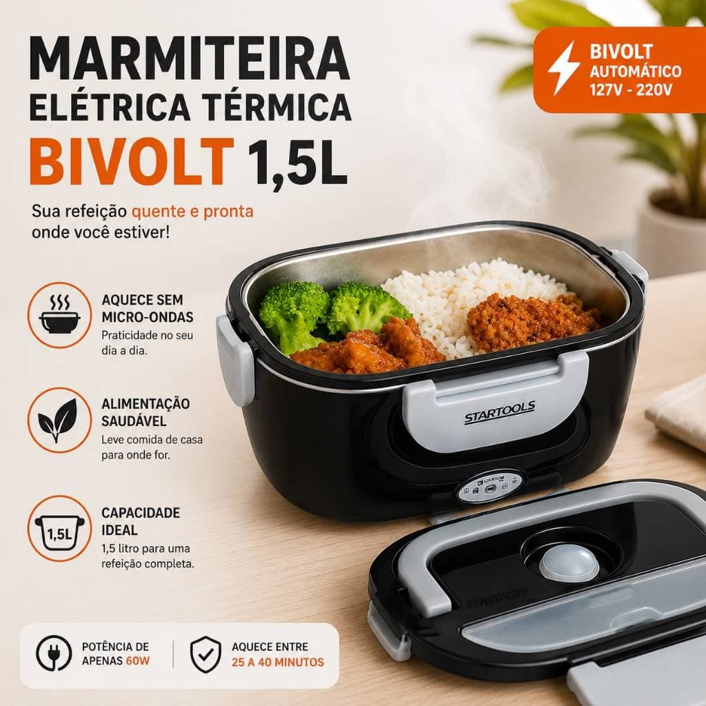 Marmiteira Elétrica Térmica Bivolt 1,5L Portátil Aquece Refeição Sem Micro-ondas 60W Preta