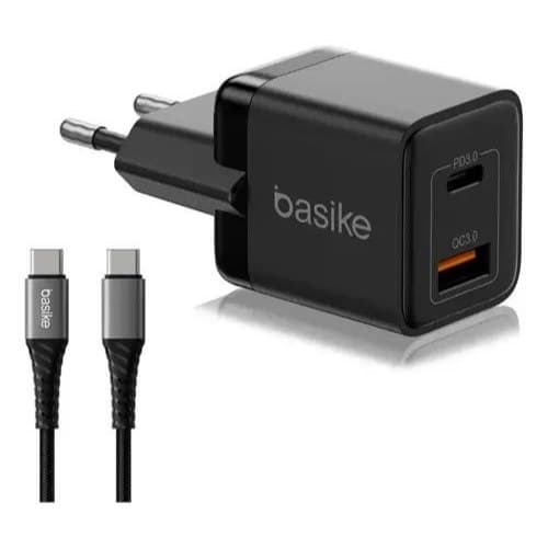 Carregador de Tomada Basike 27W Com Cabo Tipo C Dual USB-C +USB-A  Compatível iPhone Android