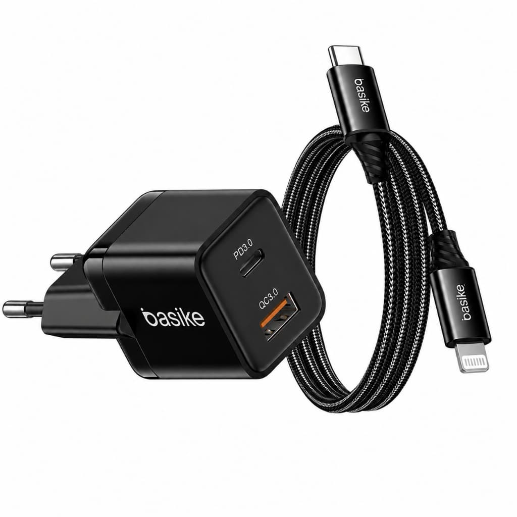 Carregador Completo Turbo USB-C 27W Basike com Cabo Tipo C Lightning Compativel  C iPhone 14 13 12 11