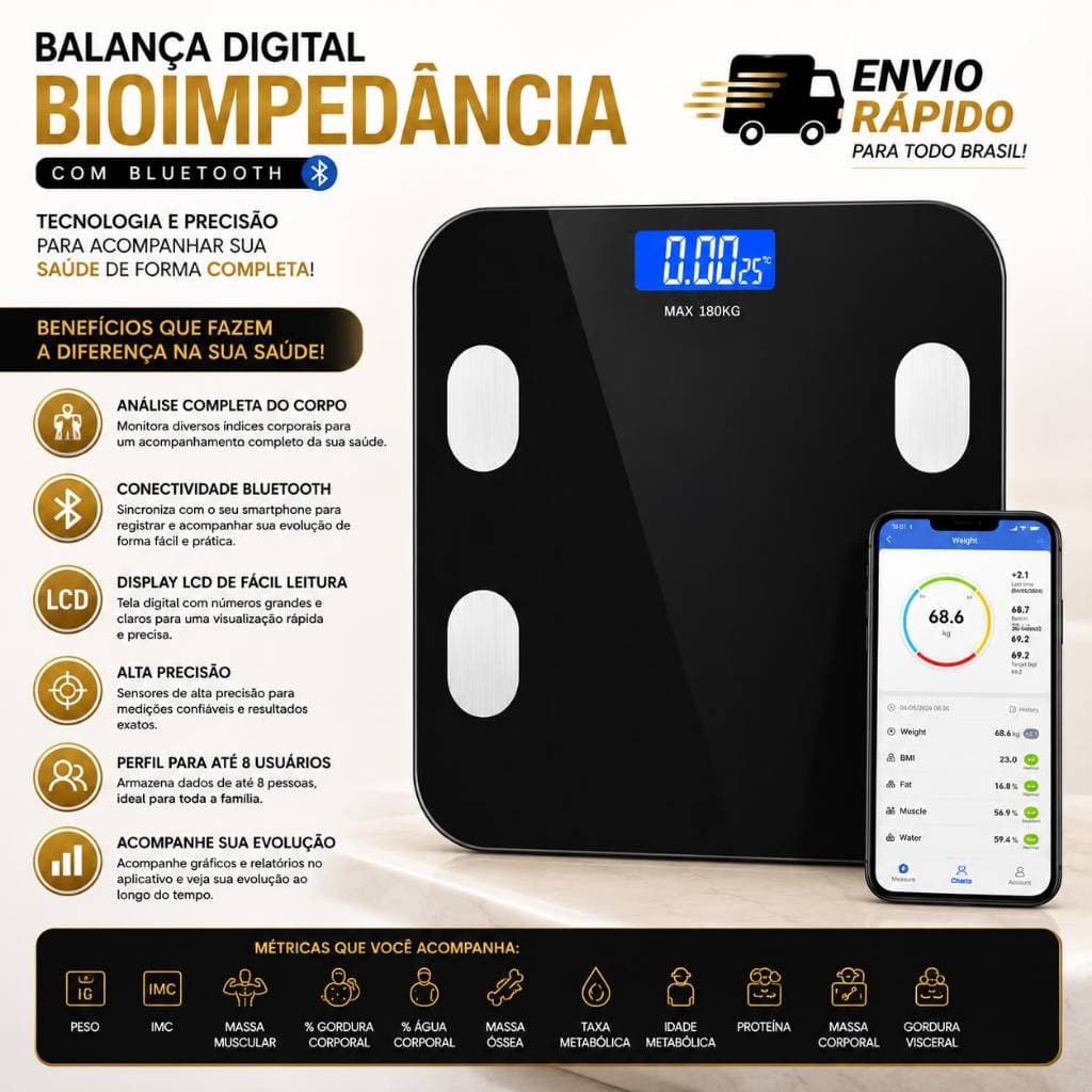 Balança Digital Bioimpedância 180kg: mede peso/composição corporal, para acompanhar saúde, atletas e família casa/academ