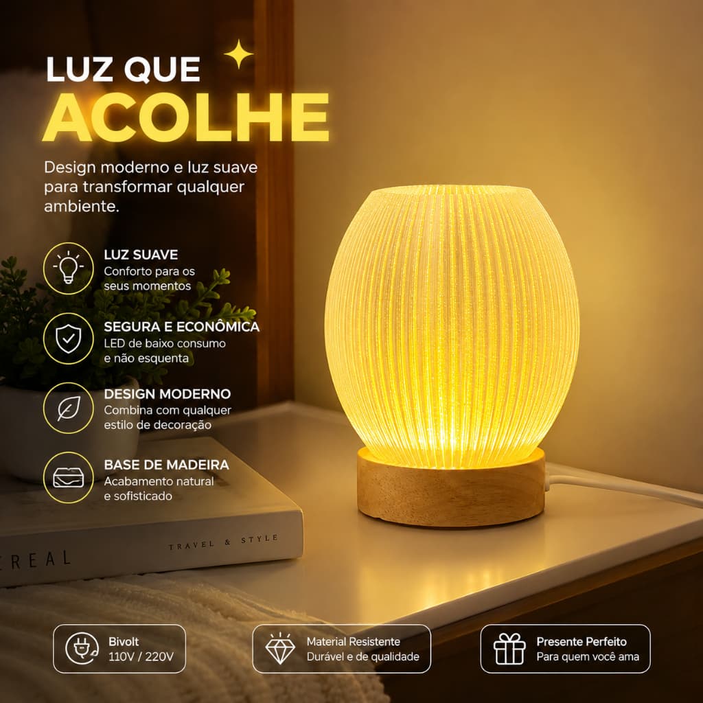 Luminária Acolhe LED RGB USB Luz Noturna Quarto Infantil Bebê Mesa de Cabeceira Decoração Base de Madeira