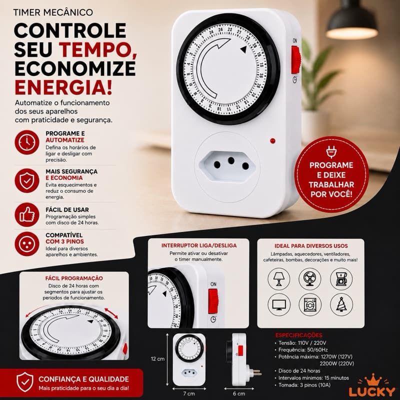 Temporizador Analógico Timer Manual Tomada Liga Desliga Energia 110v / 220v Tomada Inteligente