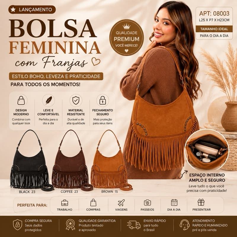 Bolsa Feminina Boho com Franjas Transversal Ombro Casual Camurça Macia Ajustável APT 08003