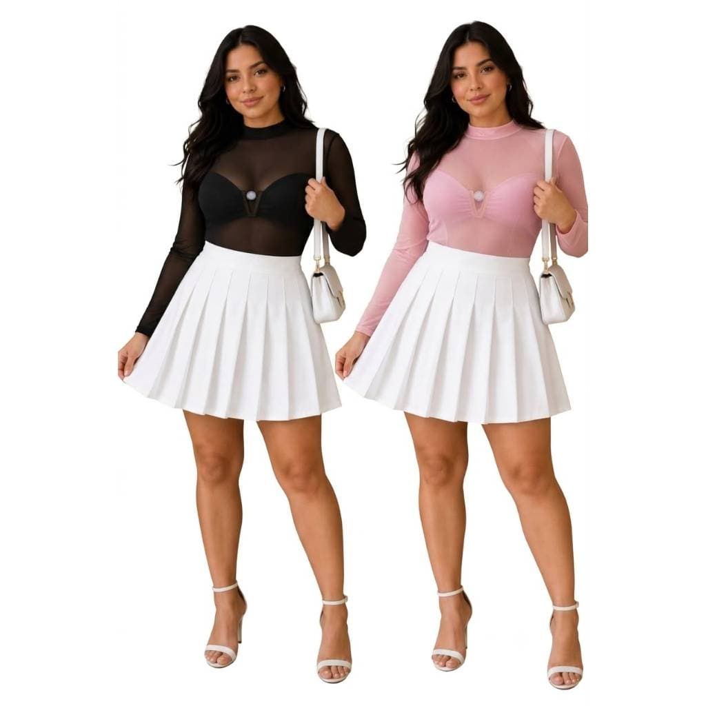 Blusa Body Feminina Manga Longa Transparente Tule + Cropped