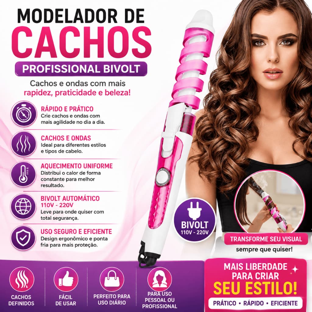 Modelador de Cachos Profissional Bivolt | Cacheador Rápido e Prático para Ondas Definidas 127/220V