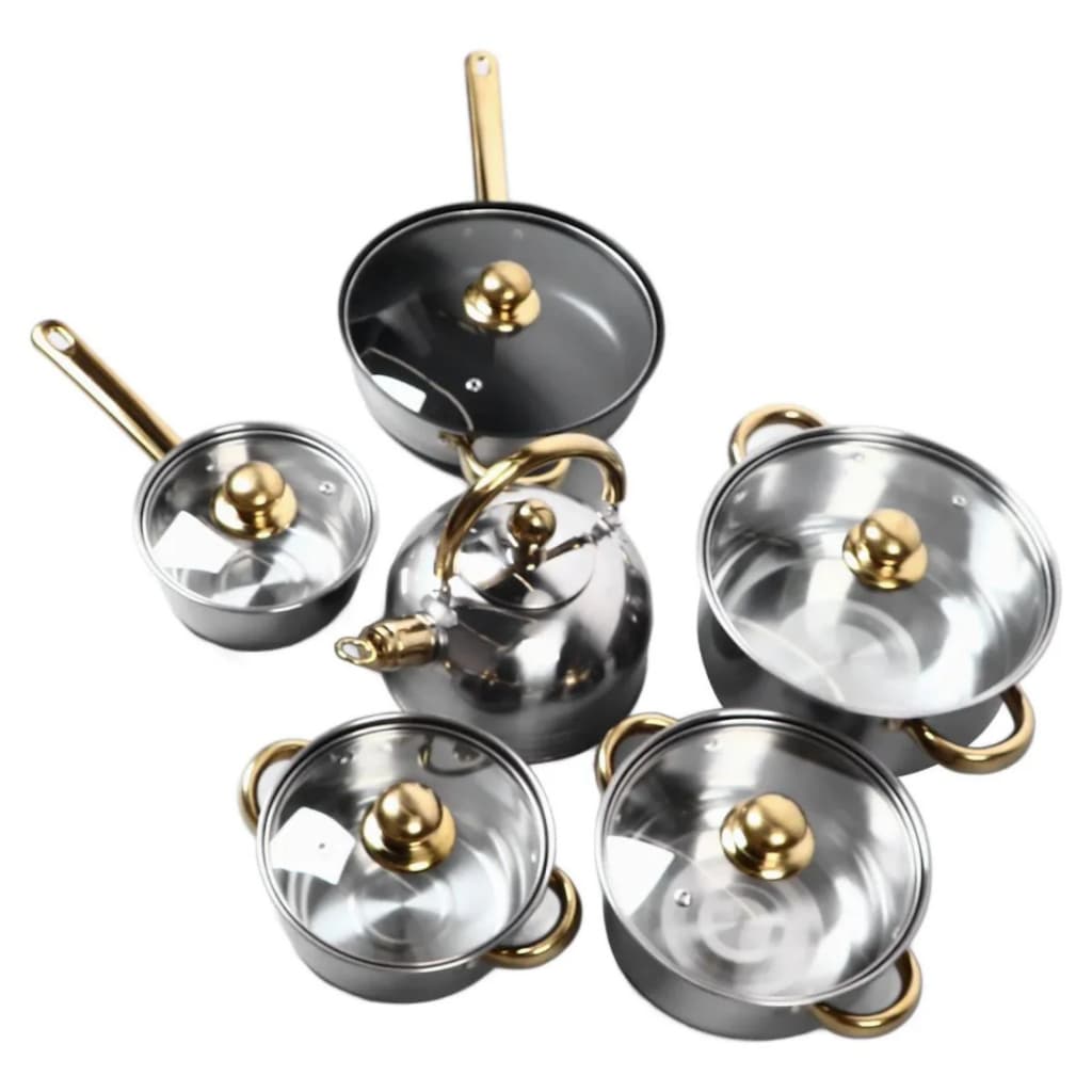 Jogo De Panelas 6 Peças Inox Dourado Resistente 4 Panelas 1 Chaleira e 1 Frigideira  Tampas de Vidro Resistente