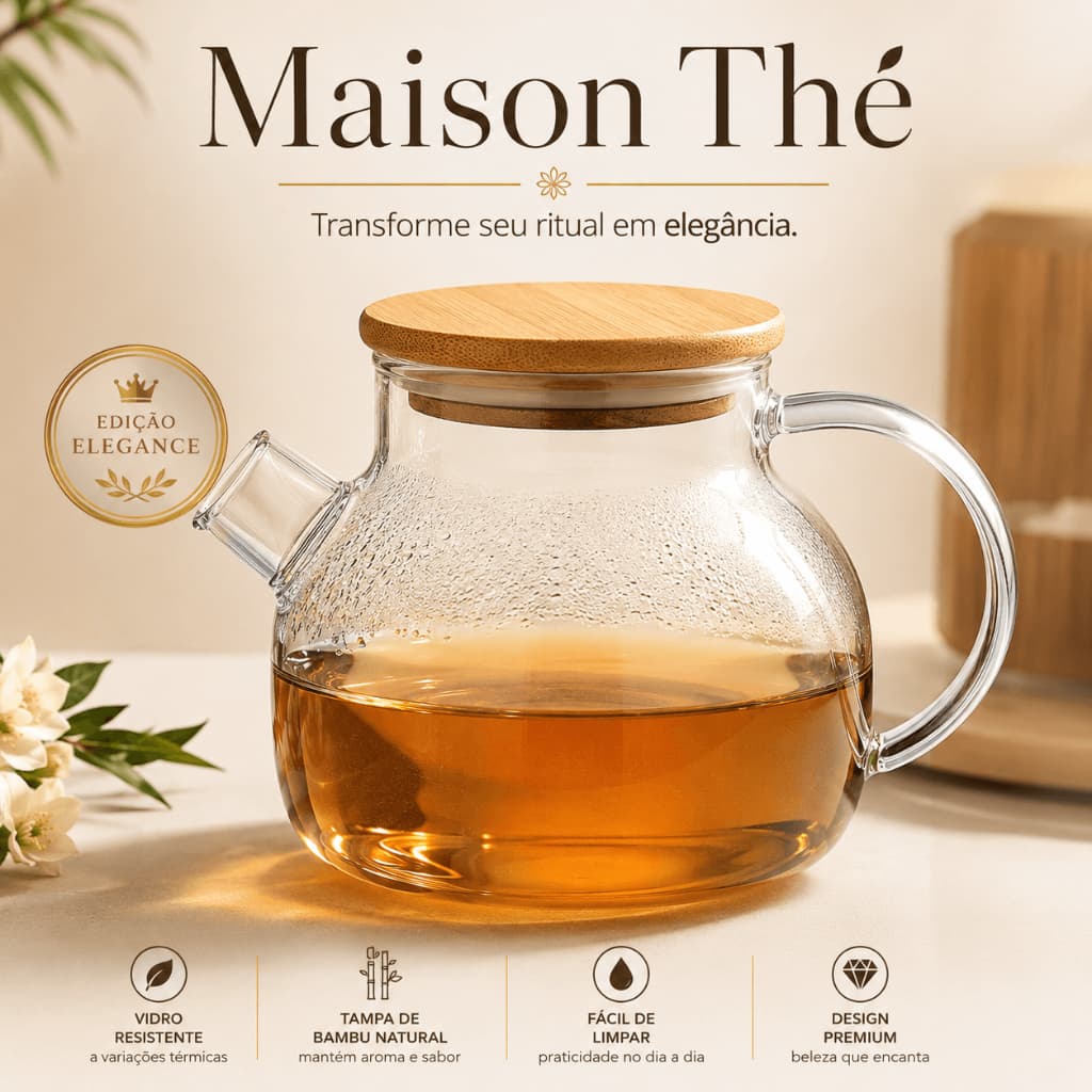 Chaleira de Vidro 1L com Tampa de Bambu | Infusor de Chá Elegante Resistente Térmico Fácil Limpeza Maison Thé Élégance