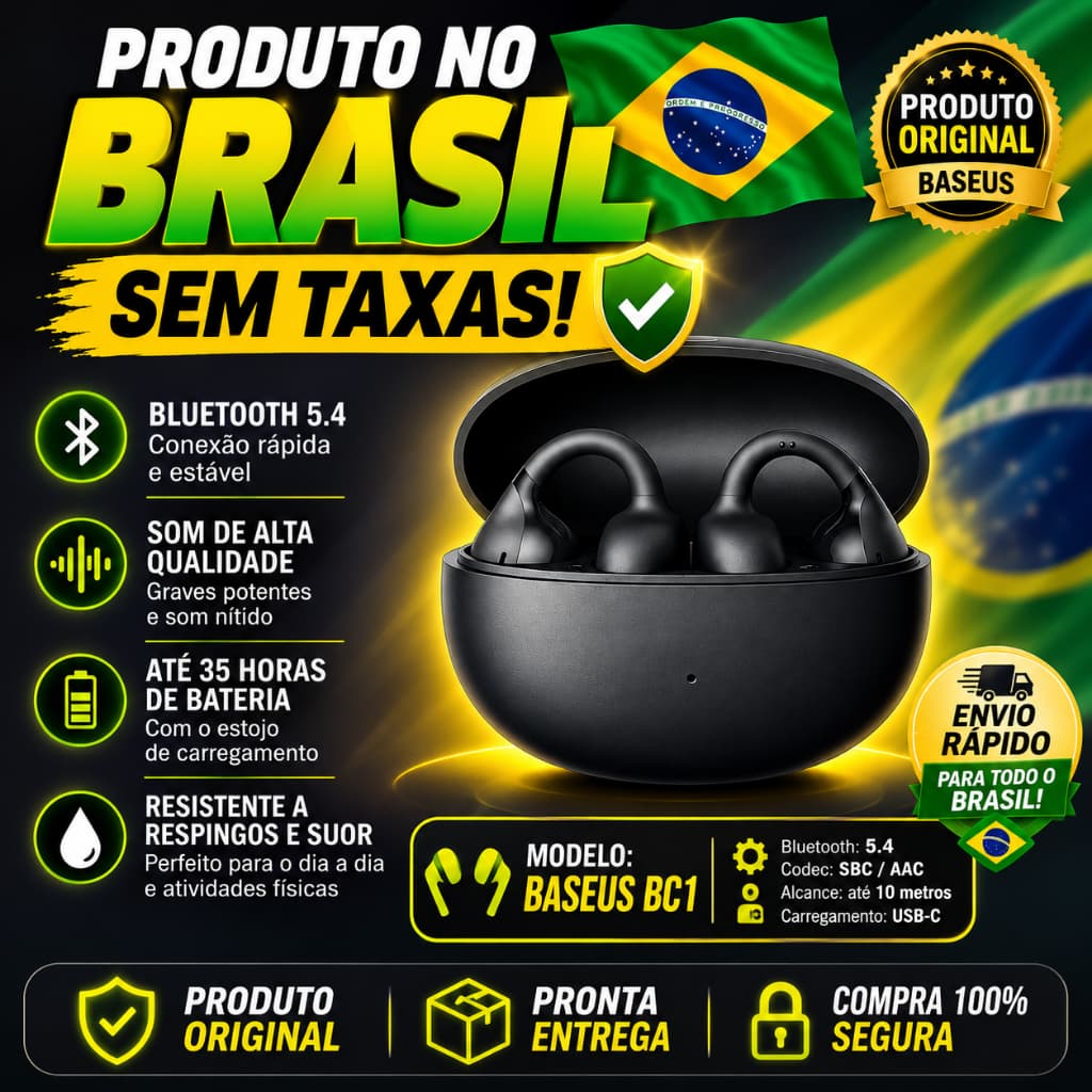 Fone Baseus BC1 Bluetooth 6.0 Open-Ear Confortavel Earclip Som Potente Graves IP55 Bateria Longa 38h