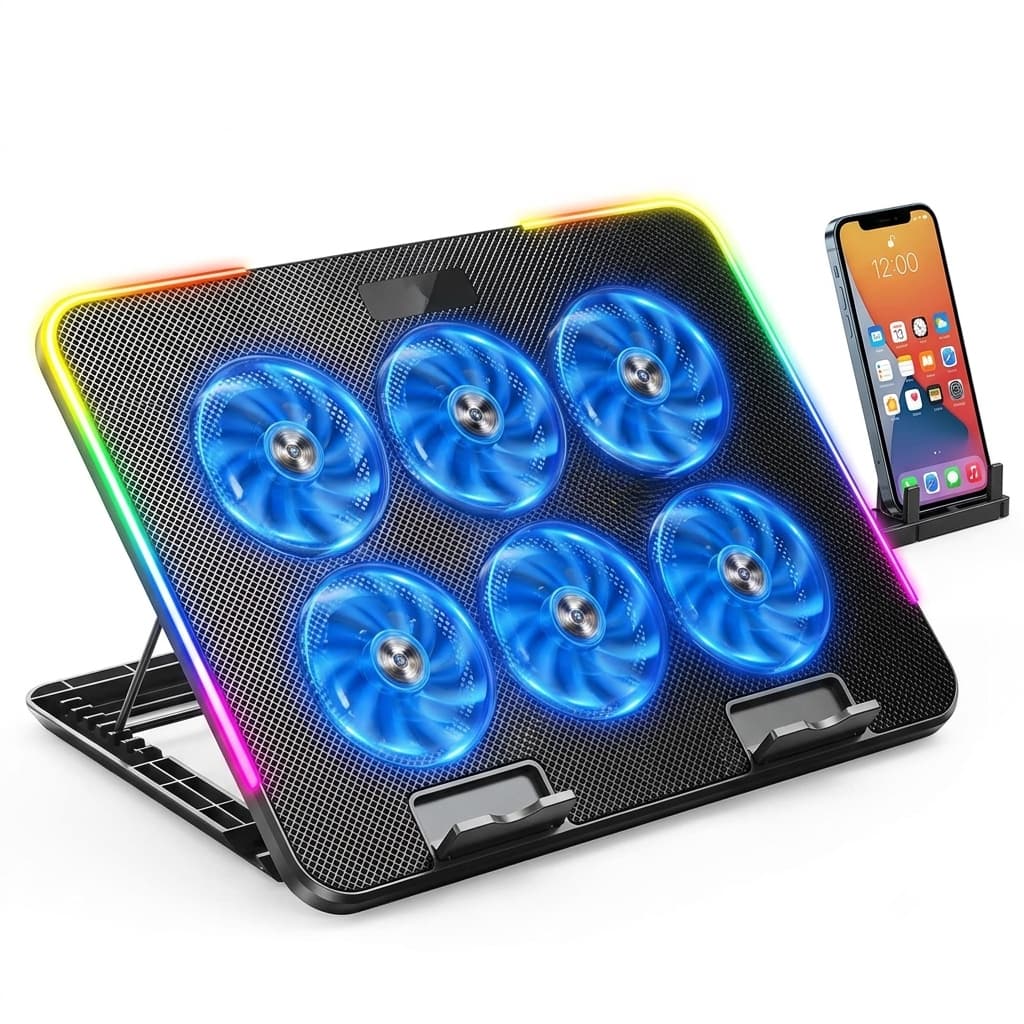 Suporte Cooler para Notebook com 6 Ventoinhas LED RGB Altura Ajustável Base Refrigerada Gamer + NF