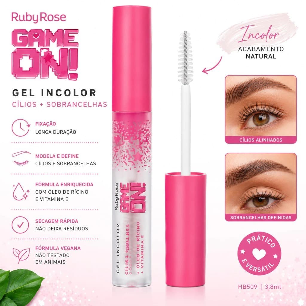 💖 Gel Incolor Cílios e Sobrancelhas Game On! Ruby Rose – Alinhamento & Cuidado Natural!