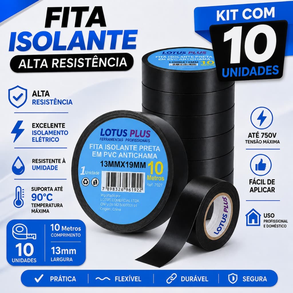 Kit 10 Unidades De Fita Isolante Preta 10 Metros Alta Resistência - Lotus
