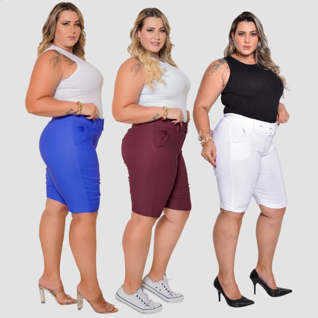 Bermuda Feminina Plus Size Super Luxuosa Tecido Modelador Levanta Bumbum Reduz Pouchete C/ Cinto E Bolsos