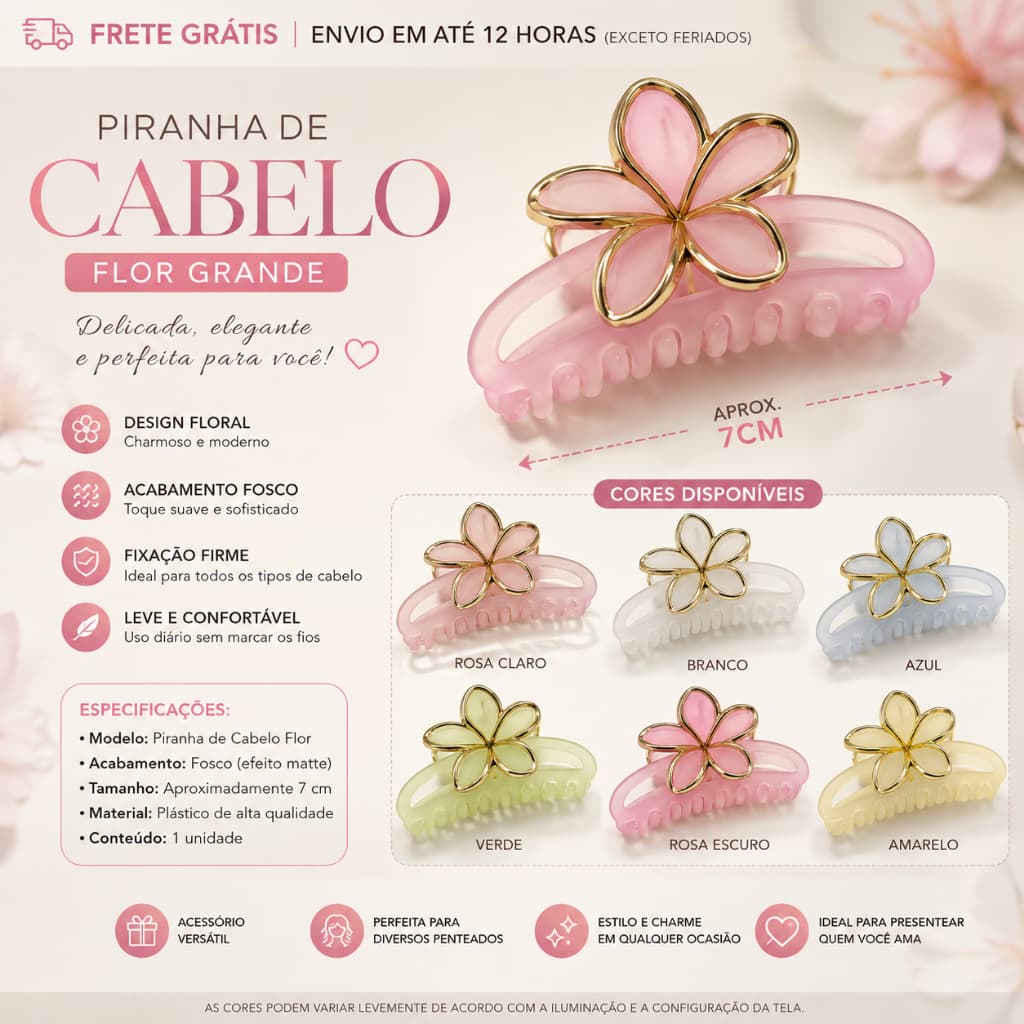 Piranha de Cabelo Flor Grande Feminina 7cm Fosca Garra Presilha Prendedor Acessório de Cabelo
