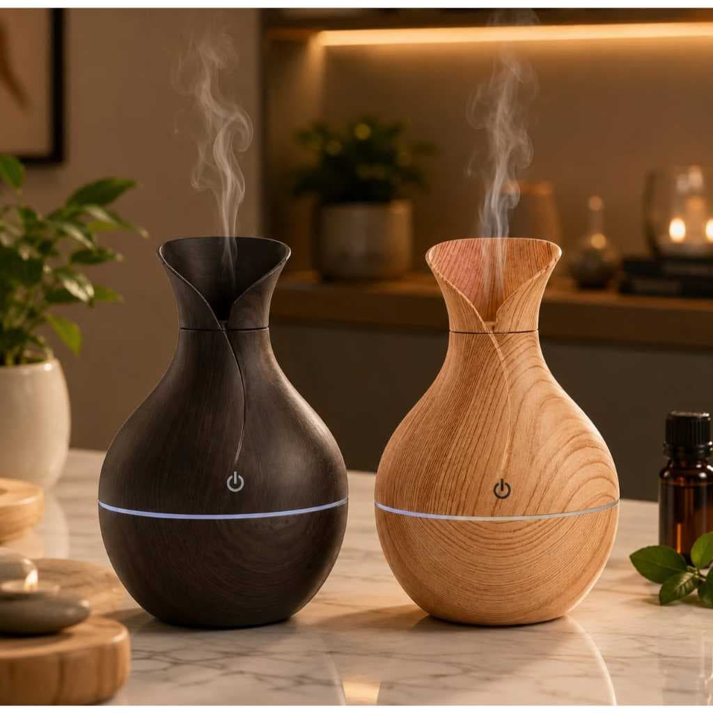 Umidificador Aromatizador De Ar Elétrico 200ml Difusor Essência Led Madeira Usb 2 Cores Ambientes Elegante