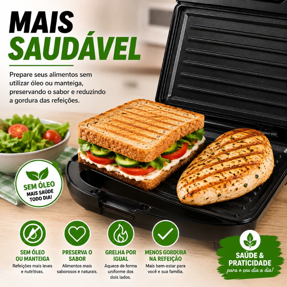 Sanduicheira Grill 2 em 1 750W Antiaderente 127V Faz Sanduíches e Grelhados Cozinha Prática