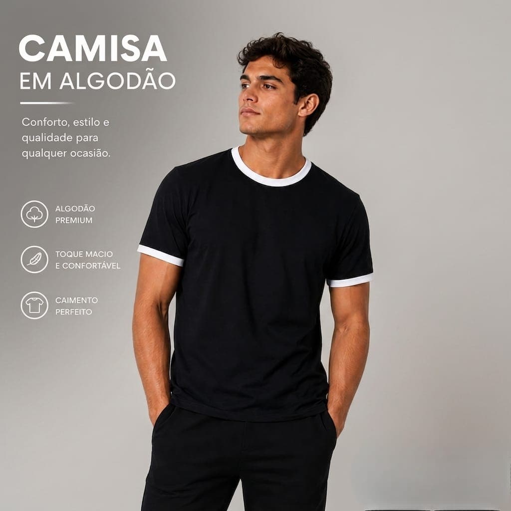 Camiseta Masculina Básica Ringer T-Shirt Lisa Algodão Premium
