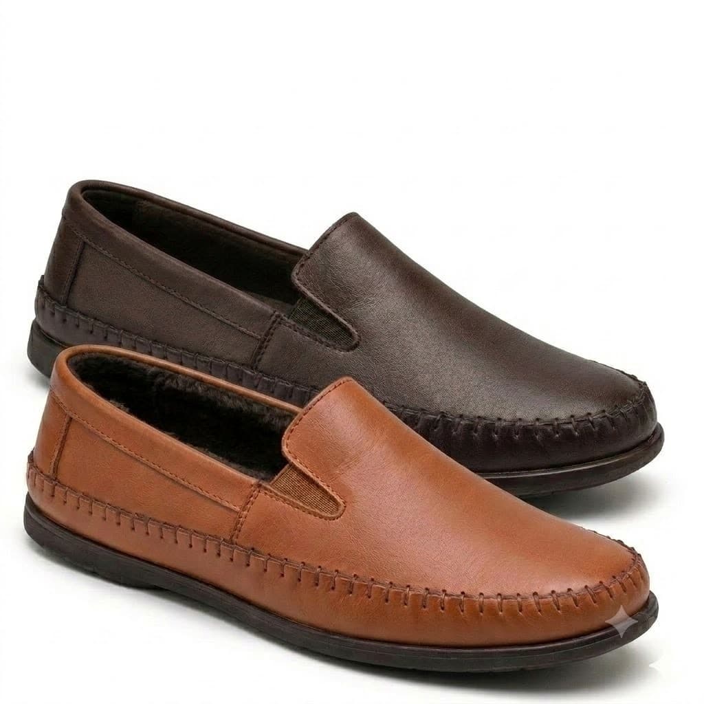 KIT COM 2 PARES-Mocassim Masculino de Couro Ecológico e Confortável – Sapato Casual Elegante e Leve - Café e Caramelo