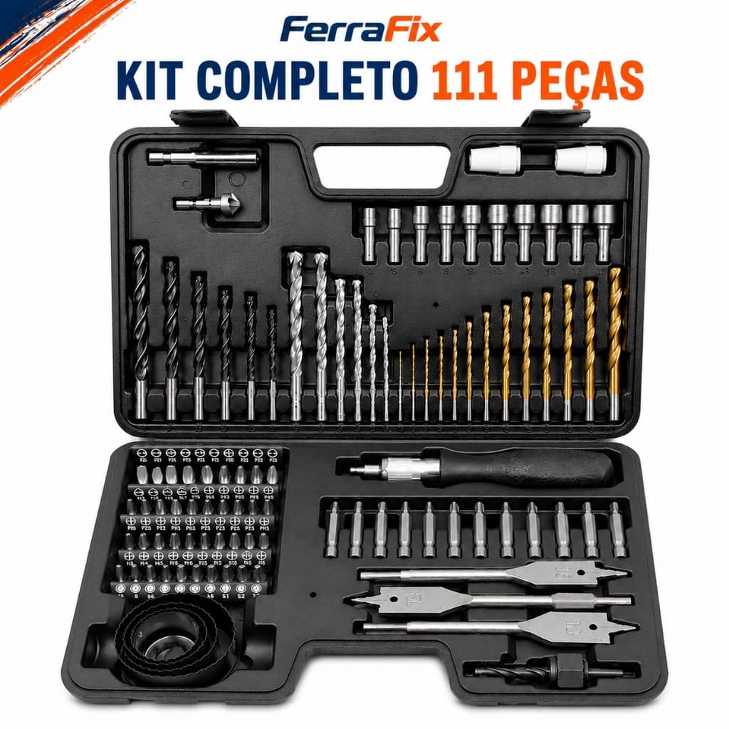 Kit de Brocas 111 Peças com Estojo Organizador para Madeira Metal e Concreto Jogo de Brocas para Furadeira