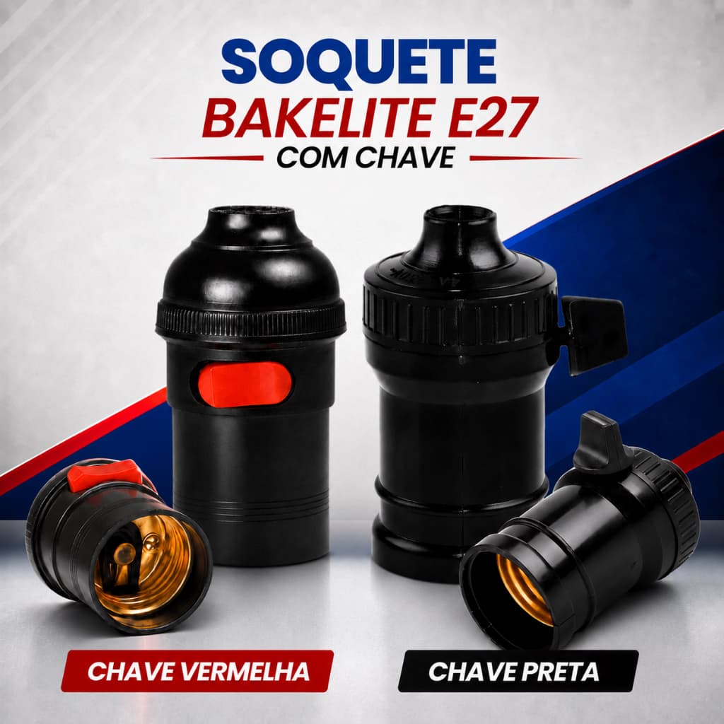 Bocal Soquete para Lâmpada E27 com Chave Liga/Desliga – Baquelite – Bivolt (110V/220V)