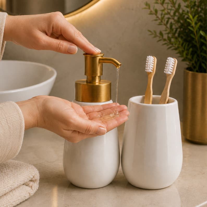 Kit Banheiro Porcelana Dispenser Porta Escova Luxo Premium