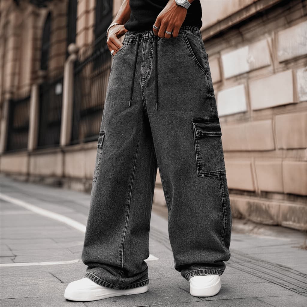 Cargo Masculina Sarja Jeans 6 Bolsos Com Punho Elástico Cintura Ajustável Casual Streetwear Moda Outono e Inverno Casual