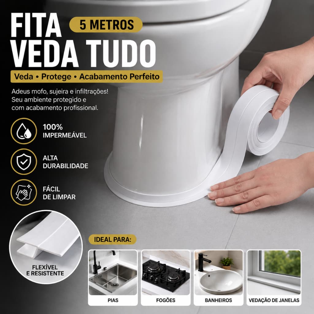 Fita Adesiva de Vedação PVC 3M Impermeável Multiuso para Cozinha Banheiro Pia Box Banheira VemVem