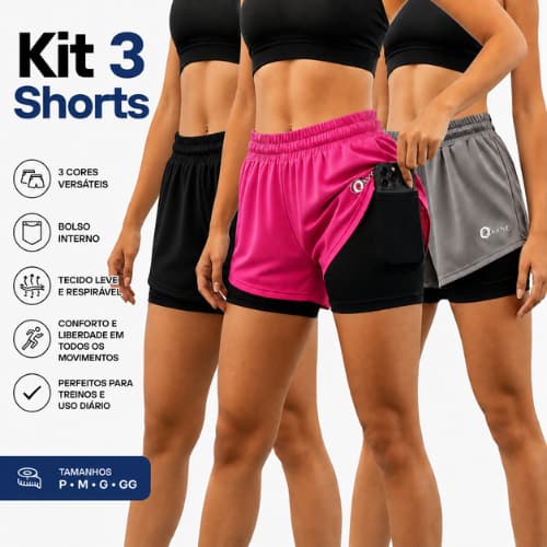 Kit 3 Shorts Feminino Dry Fit com Bolso para Celular | Academia, Corrida, Caminhada e Treino