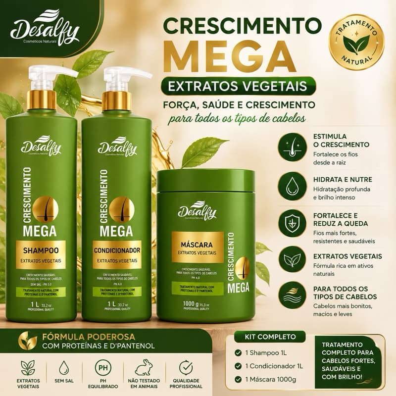 Kit Desalfy Hair Shampoo 1L, Condicionador 1L e Mascara 1kg Mega Crescimento Extratos Vegetais