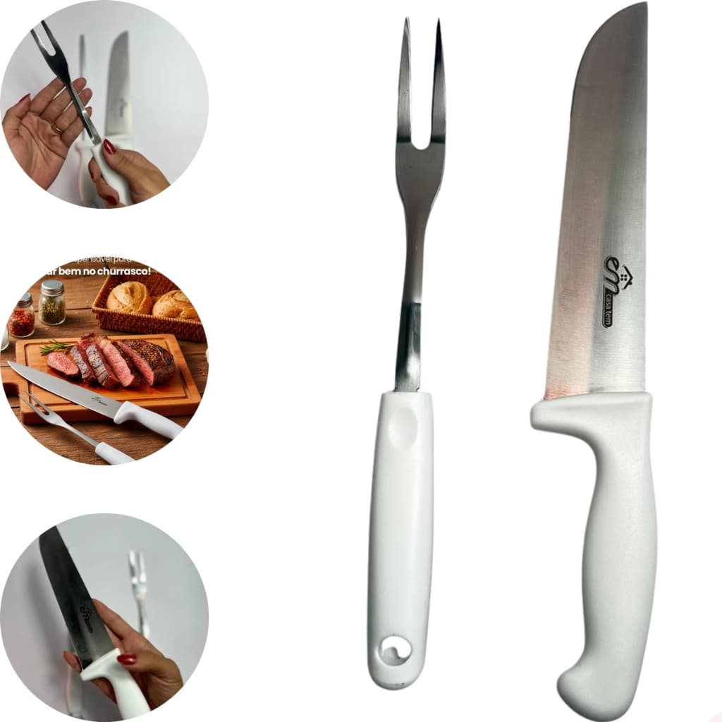 Jogo Churrasco Premium Roma Garfo E Faca Aço Inox E Cabo de Plastico Modelo Profissional Em Casa Tem