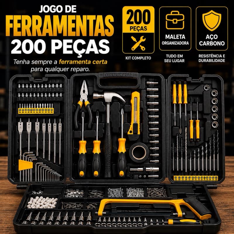 Jogo de Ferramentas 200 Peças com Maleta Kit Completo Profissional Aço Carbono Reparos Domésticos