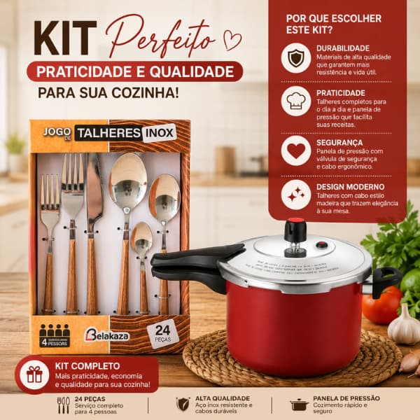 Kit Panela de Pressão 4,5L Antiaderente + Jogo de Talheres Inox 24 Peças Completo para Cozinha