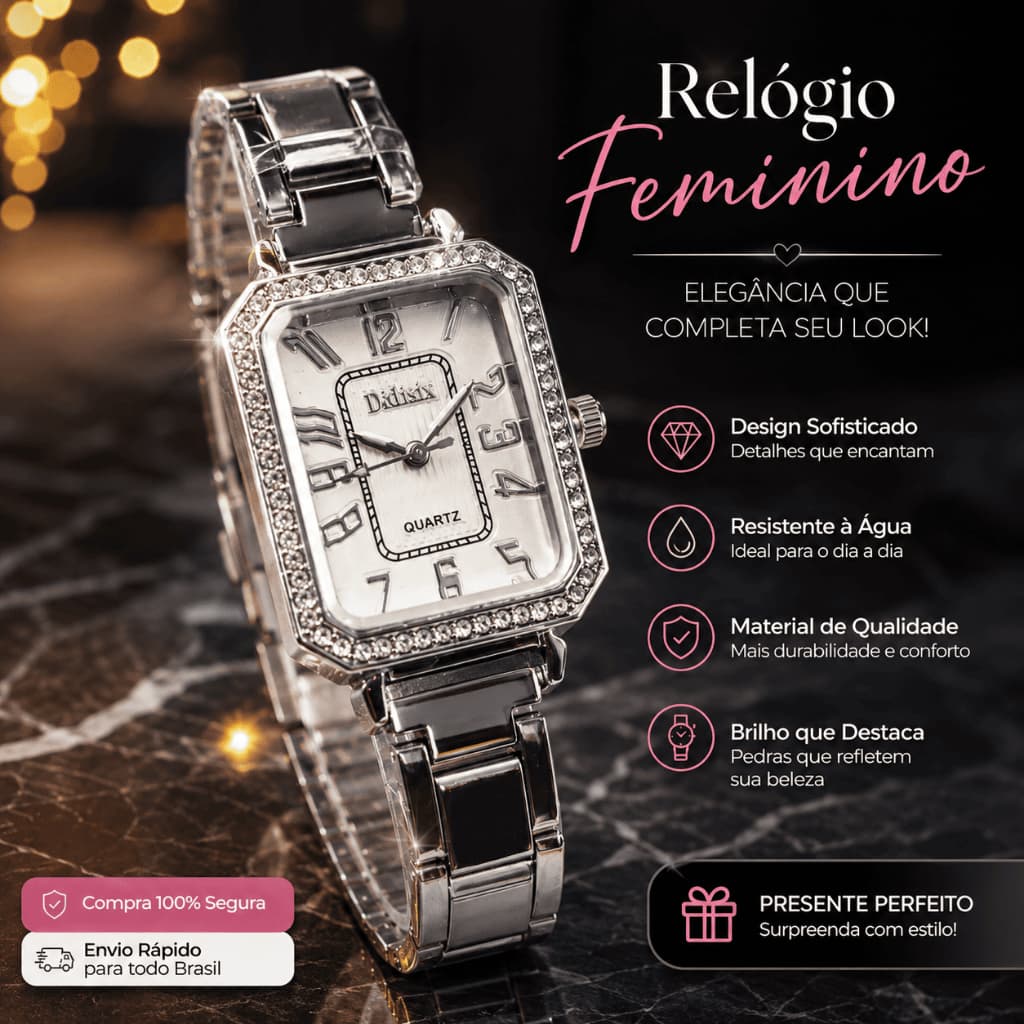 Relógio Feminino Prata Retangular com Strass Elegante Quartzo Pulseira Aço Fashion Sofisticado