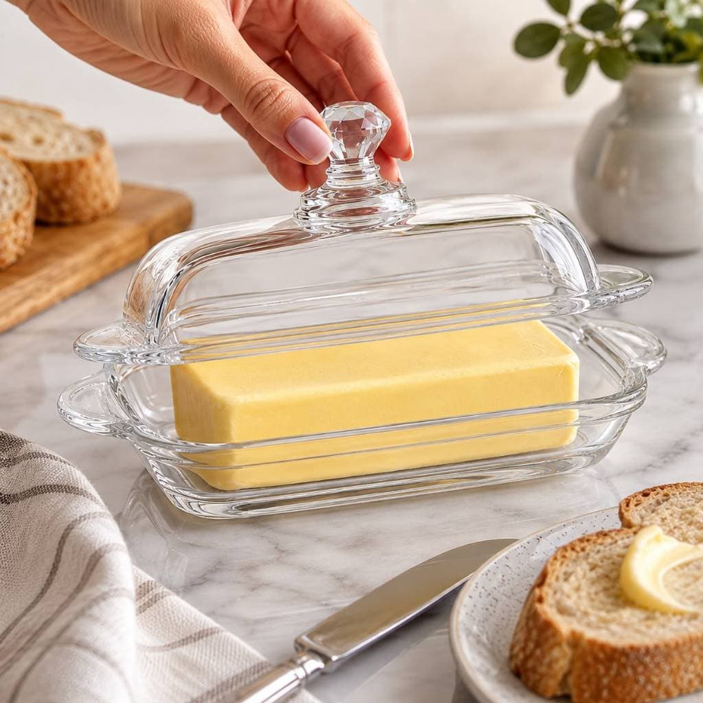 Manteigueira de Vidro Cristal com Tampa Transparente Elegante e Resistente para Mesa e Geladeira