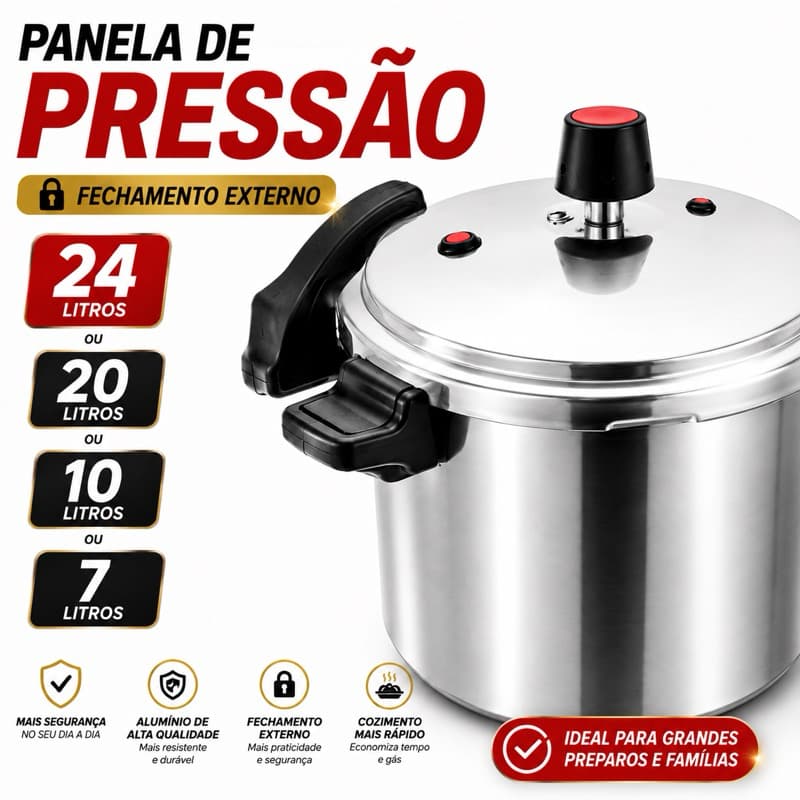 Panela de Pressão 24L I 20L I 10L ou 7L Grande Compacta Fechamento Externo Feijoada Sopa Caldeirão